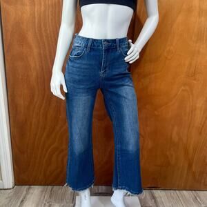 Trendy Dark Wash Distressed Raw Hem Cropped Wide Leg Jeans Womens Sz 8 (W28 L26)